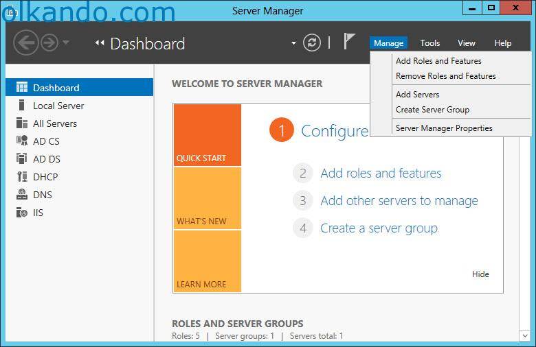 Server Manager penceresi; Manage menüsünden Add Roles and Features seçeneği açılmış.