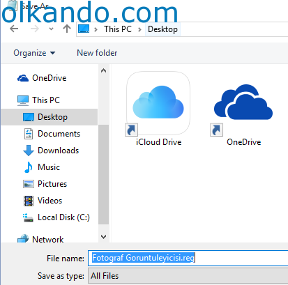 Windows'un Farklı Kaydet penceresi; dosya adı alanında .reg uzantılı bir ad yazılı.