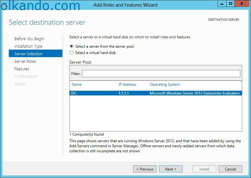 Server Selection adımı. Select a server from the server pool seçili; listede sunucunun adı, IP adresi ve işletim sistemi sürümü görünüyor.