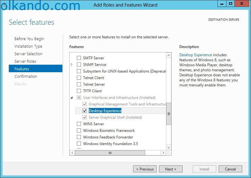Select features adımı. User Interfaces and Infrastructure başlığı genişletilmiş; altındaki Desktop Experience kutusu işaretli. Sağdaki açıklama bölümünde Desktop Experience'ın Windows Media Player, masaüstü temaları ve fotoğraf yönetimi gibi Windows 8 özelliklerini içerdiği yazıyor.