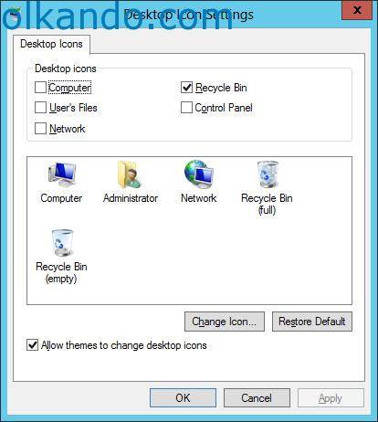 Desktop Icon Settings penceresi. Computer, User's Files, Network, Recycle Bin ve Control Panel kutuları listelenmiş; Recycle Bin işaretli. Altta simgelerin önizlemesi ve Change Icon ile Restore Default düğmeleri var.