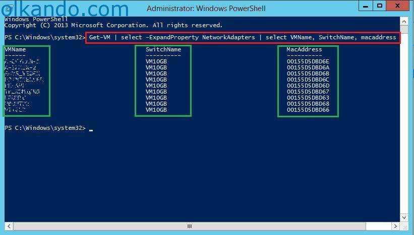 PowerShell penceresinde Get-VM komutunun çıktısı: sanal makine adları, bağlı oldukları anahtar ve MAC adresleri sütunlar hâlinde listelenmiş