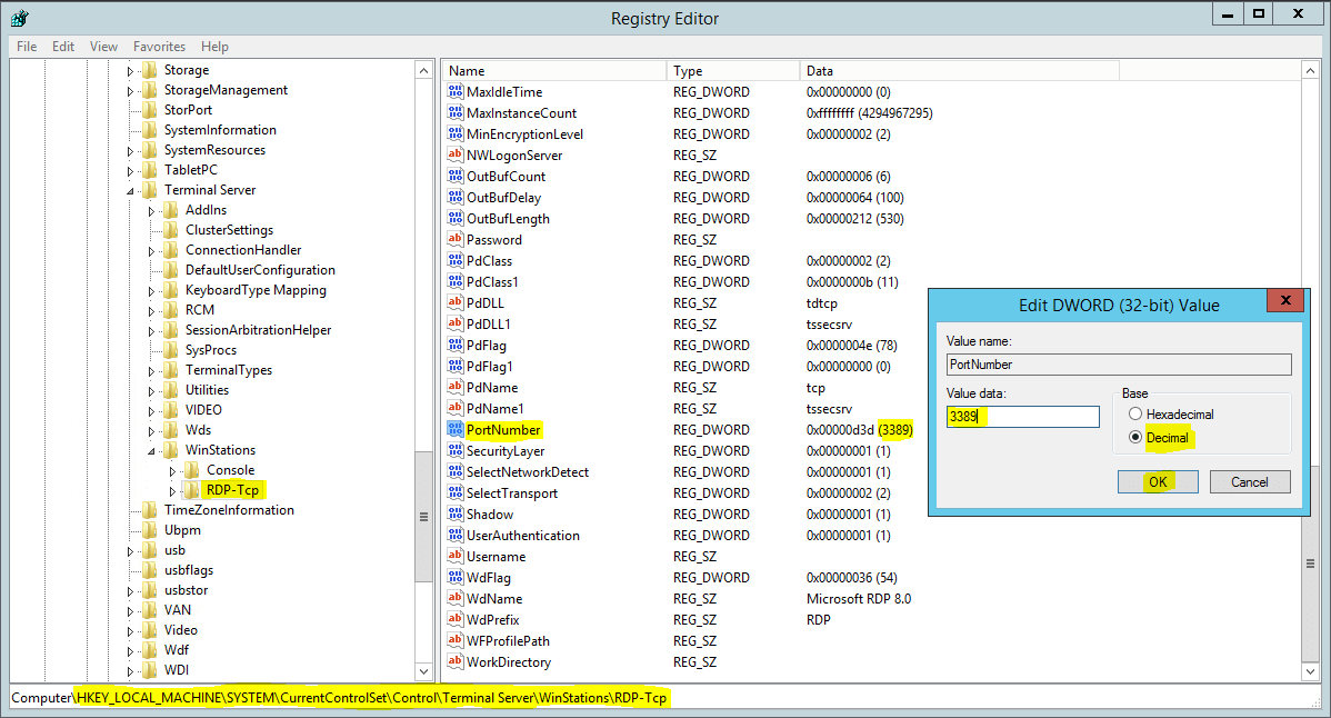 Registry Editor penceresi. Sol ağaçta WinStations altındaki RDP-Tcp anahtarı seçili, sağ listede PortNumber değeri 0x00000d3d (3389) olarak görünüyor. Açılan "Edit DWORD (32-bit) Value" kutusunda Value data 3389, Base seçeneği Decimal işaretli. Alt bardaki adres: Computer\HKEY_LOCAL_MACHINE\SYSTEM\CurrentControlSet\Control\Terminal Server\WinStations\RDP-Tcp