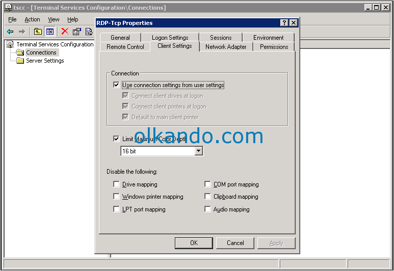 Terminal Services Configuration (tscc) konsolu ve önünde açık RDP-Tcp Properties penceresi. Client Settings sekmesi seçili; "Disable the following" başlığı altında Drive mapping, Windows printer mapping, LPT port mapping, COM port mapping, Clipboard mapping ve Audio mapping kutuları listeleniyor, hepsi işaretsiz.
