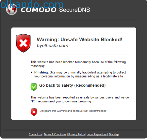 Comodo SecureDNS engelleme sayfası. "Warning: Unsafe Website Blocked!" başlığı ve engellenen adres. Gerekçe olarak "Phishing: Site may be criminally fraudulent attempting to collect your personal information by masquerading as a legitimate site" yazıyor.