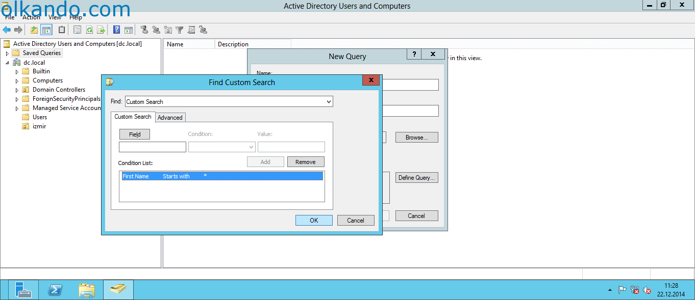 Find Custom Search penceresinin Custom Search sekmesi. Field, Condition ve Value alanları ile Condition List kutusu görünüyor; listede "First Name — Starts with — *" koşulu duruyor.