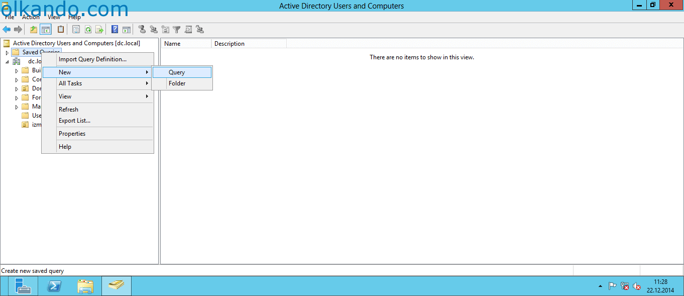 Active Directory Users and Computers konsolu. Sol ağaçtaki Saved Queries klasörüne sağ tıklanmış; açılan menüde New alt menüsü açık ve Query seçeneği vurgulanmış.