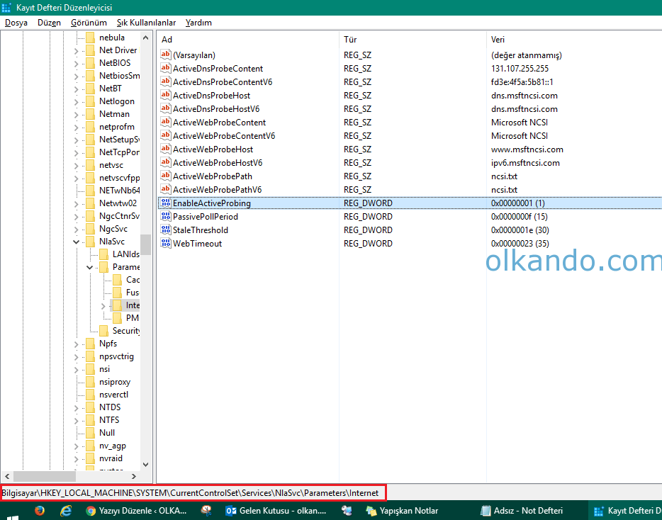 Kayıt Defteri Düzenleyicisi. NlaSvc altındaki Parameters\Internet anahtarı açık; sağ bölmede ActiveDnsProbeContent, ActiveWebProbeHost gibi değerler ve vurgulanmış EnableActiveProbing (REG_DWORD, 0x00000001) görünüyor. Alt bardaki tam yol: Bilgisayar\HKEY_LOCAL_MACHINE\SYSTEM\CurrentControlSet\Services\NlaSvc\Parameters\Internet