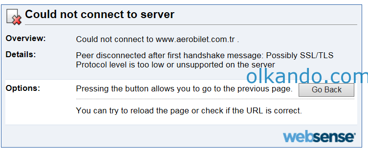 Websense engelleme sayfası. "Could not connect to server" başlığı ve ayrıntısında "Peer disconnected after first handshake message: Possibly SSL/TLS Protocol level is too low or unsupported on the server" yazıyor.