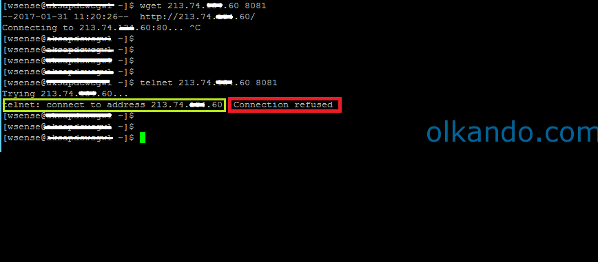 Content Gateway sunucusunda terminal oturumu. Önce wget, ardından telnet komutu çalıştırılmış; çıktıda "telnet: connect to address …" satırı ve kırmızıyla işaretlenmiş "Connection refused" yanıtı görünüyor.