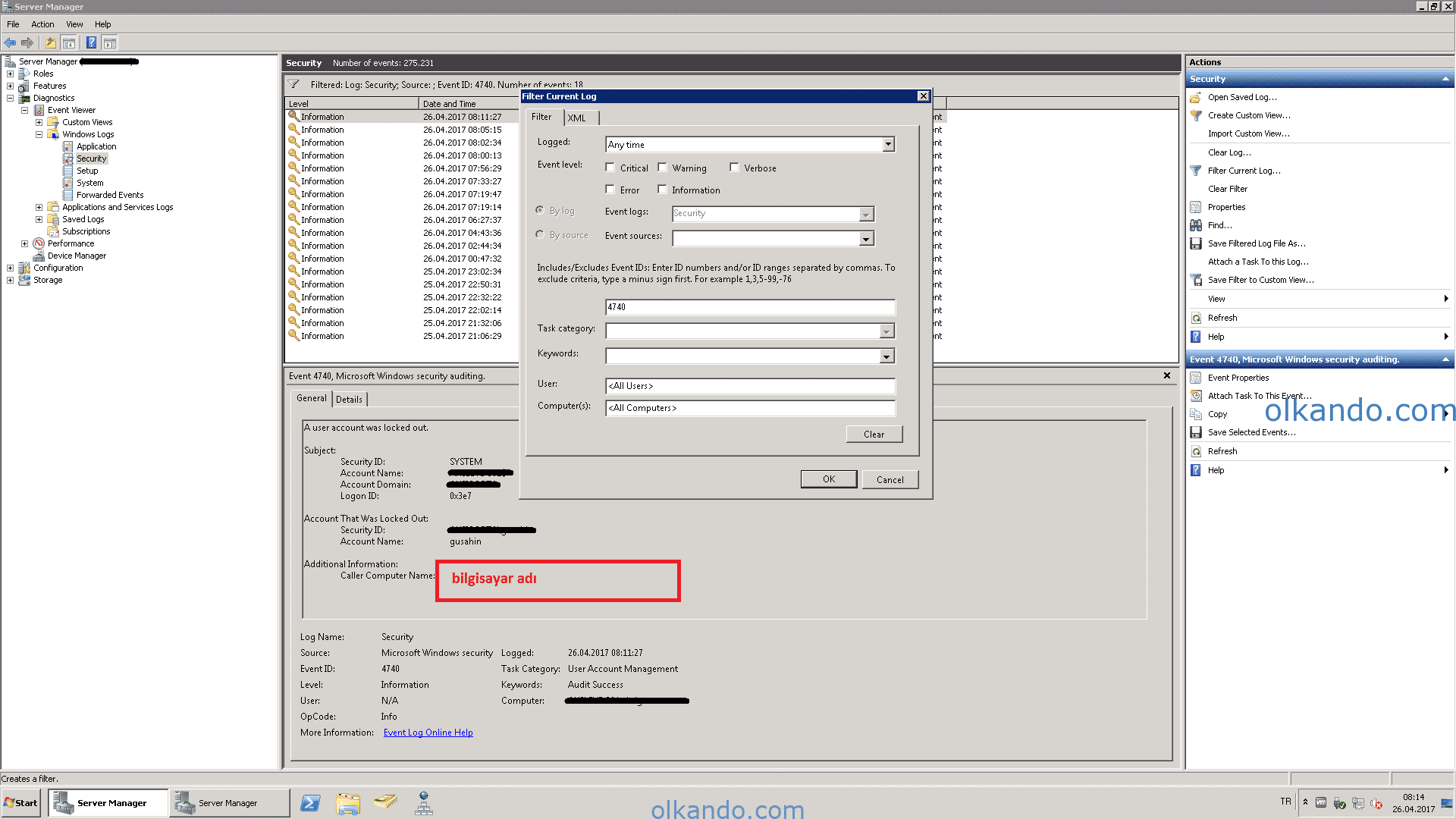 Event Viewer'da Security günlüğü açık ve Filter Current Log penceresinde olay numarası 4740 girilmiş. Alttaki olay ayrıntısında "A user account was locked out" metni, kilitlenen hesabın bilgileri ve kırmızı çerçeveyle işaretlenmiş "Caller Computer Name" alanı görünüyor.