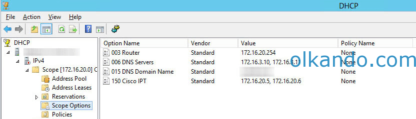 DHCP yönetim konsolu. Scope Options bölümünde tanımlı seçenekler listeleniyor: 003 Router, 006 DNS Servers, 015 DNS Domain Name ve 150 Cisco IPT. Sonuncusunun değerinde iki IP adresi yazılı.