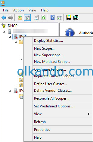 DHCP konsolunda IPv4 düğümüne sağ tıklanmış; açılan menüde New Scope, Define User Classes, Define Vendor Classes ve Set Predefined Options seçenekleri görünüyor.