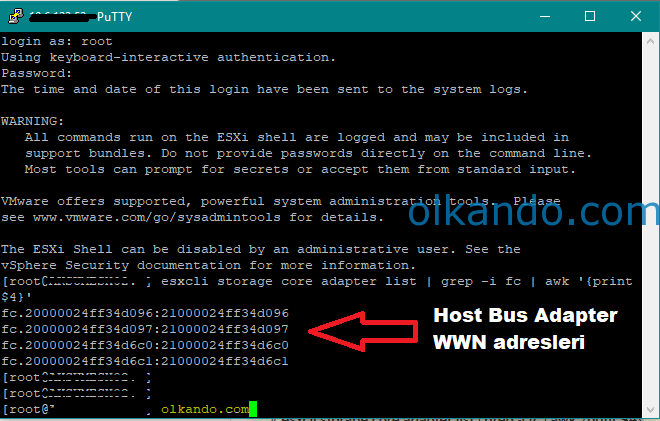 PuTTY ile ESXi kabuğuna bağlanılmış terminal. esxcli storage core adapter list komutunun çıktısında fc.20000024ff... biçiminde WWN adresleri listeleniyor; kırmızı okla "Host Bus Adapter WWN adresleri" diye işaretlenmiş.