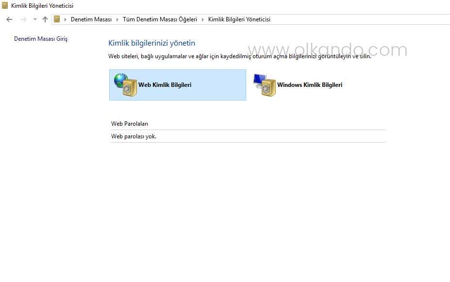 Denetim Masası'ndaki Kimlik Bilgileri Yöneticisi ekranı. Web Kimlik Bilgileri ve Windows Kimlik Bilgileri sekmeleri; altta kayıtlı web parolalarının listelendiği bölüm.
