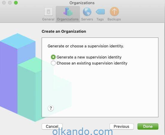Apple Configurator, Organizations sekmesi. "Create an Organization" adımında "Generate a new supervision identity" seçeneği işaretli.
