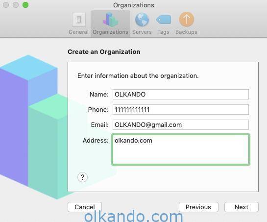Apple Configurator, kuruluş bilgileri adımı. Name, Phone, Email ve Address alanları doldurulmuş durumda.
