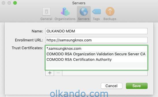 Apple Configurator, Servers sekmesi. Name alanında MDM sunucusunun adı, Enrollment URL alanında sunucu adresi, Trust Certificates kutusunda üç sertifika listelenmiş.