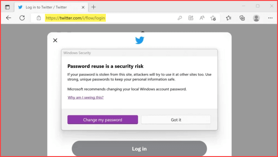 Tarayıcıda Twitter oturum açma sayfası. Üzerinde Windows Güvenliği uyarısı: "Password reuse is a security risk" — parolanın başka sitelerde de kullanılmasının riskli olduğunu bildiriyor.