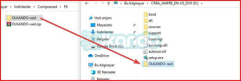 Solda indirilen OLKANDO-raid.zip ve açılmış OLKANDO-raid klasörü; kırmızı ok, klasörün Windows kurulum diskinin köküne kopyalandığını gösteriyor.
