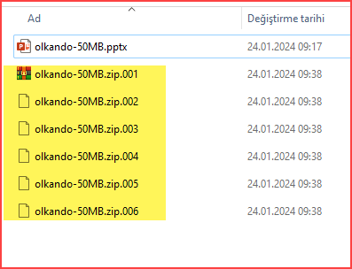 Dosya listesi. 50 MB'lık kaynak dosyanın yanında sarıyla işaretlenmiş olkando-50MB.zip.001'den .006'ya kadar altı parça dosyası duruyor.