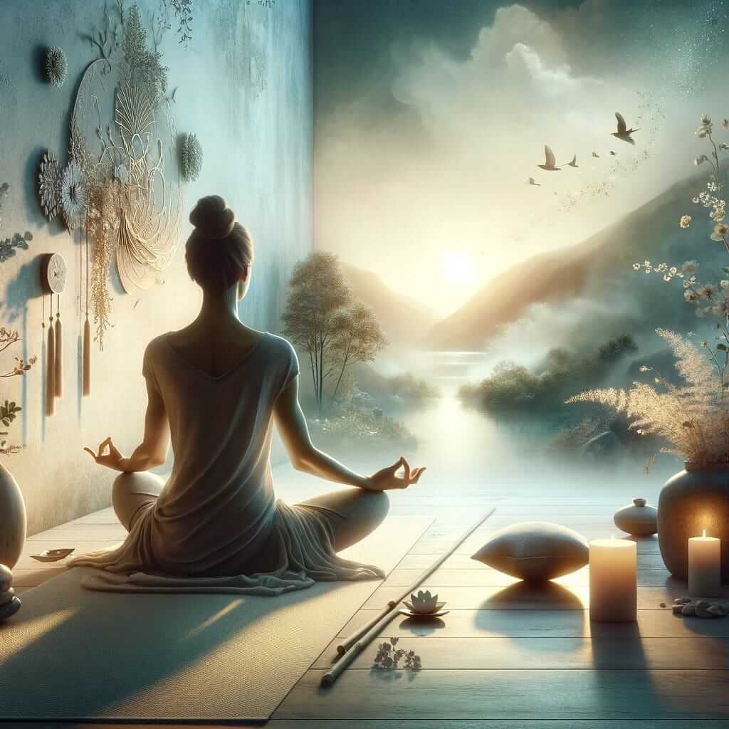 İllüstrasyon: sırtı dönük bir kişi bir minderin üzerinde bağdaş kurmuş meditasyon yapıyor. Karşısında sisli bir vadi ve gün doğumu, yanında yanan mumlar ve kuru çiçekler.