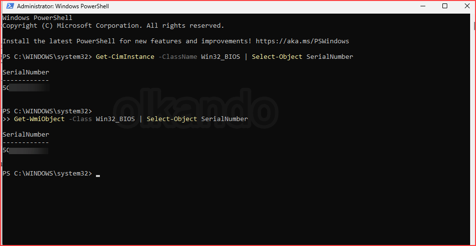 Yönetici olarak açılmış PowerShell penceresi. Önce Get-CimInstance -ClassName Win32_BIOS, ardından Get-WmiObject -Class Win32_BIOS komutu çalıştırılmış; her ikisinin çıktısında da SerialNumber başlığı ve seri numarası (bulanıklaştırılmış) görünüyor.