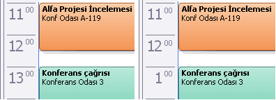 Yan yana iki Outlook takvim görünümü. Solda saatler 11, 12, 13 diye ilerliyor; sağda 11, 12, 1 diye. İki takvimde de aynı randevular var: "Alfa Projesi İncelemesi, Konf Odası A-119" ve "Konferans çağrısı, Konferans Odası 3".
