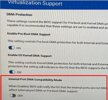 Ağ sorunlarını önlemek için BIOS/UEFI firmware'inde Internal Port DMA Compatibility Mode ayarını devre dışı bırakın