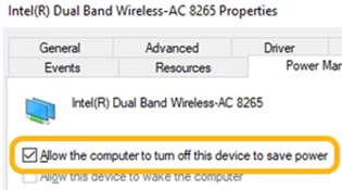 Ağ bağdaştırıcısı ayarlarında güç tasarrufu özelliğini kapatma - " Allow the computer to turn off this device to save power" onay kutusu