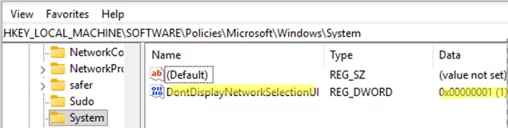 DontDisplayNetworkSelectionUI kayıt defteri ayarı, Windows oturum açma ve kilit ekranındaki ağ seçim simgesini gizler