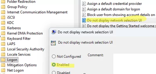 GPO seçeneği: Do not display network selection UI