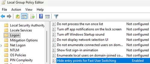 Hide entry points for Fast User Switching - GPO seçenekleri