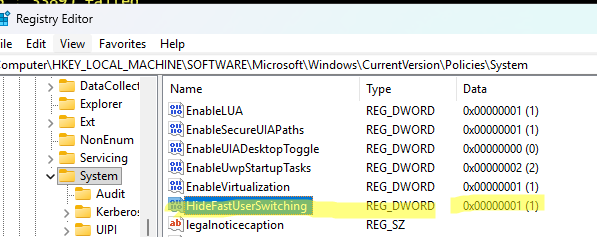HideFastUserSwitching - kayıt defteri parametresi